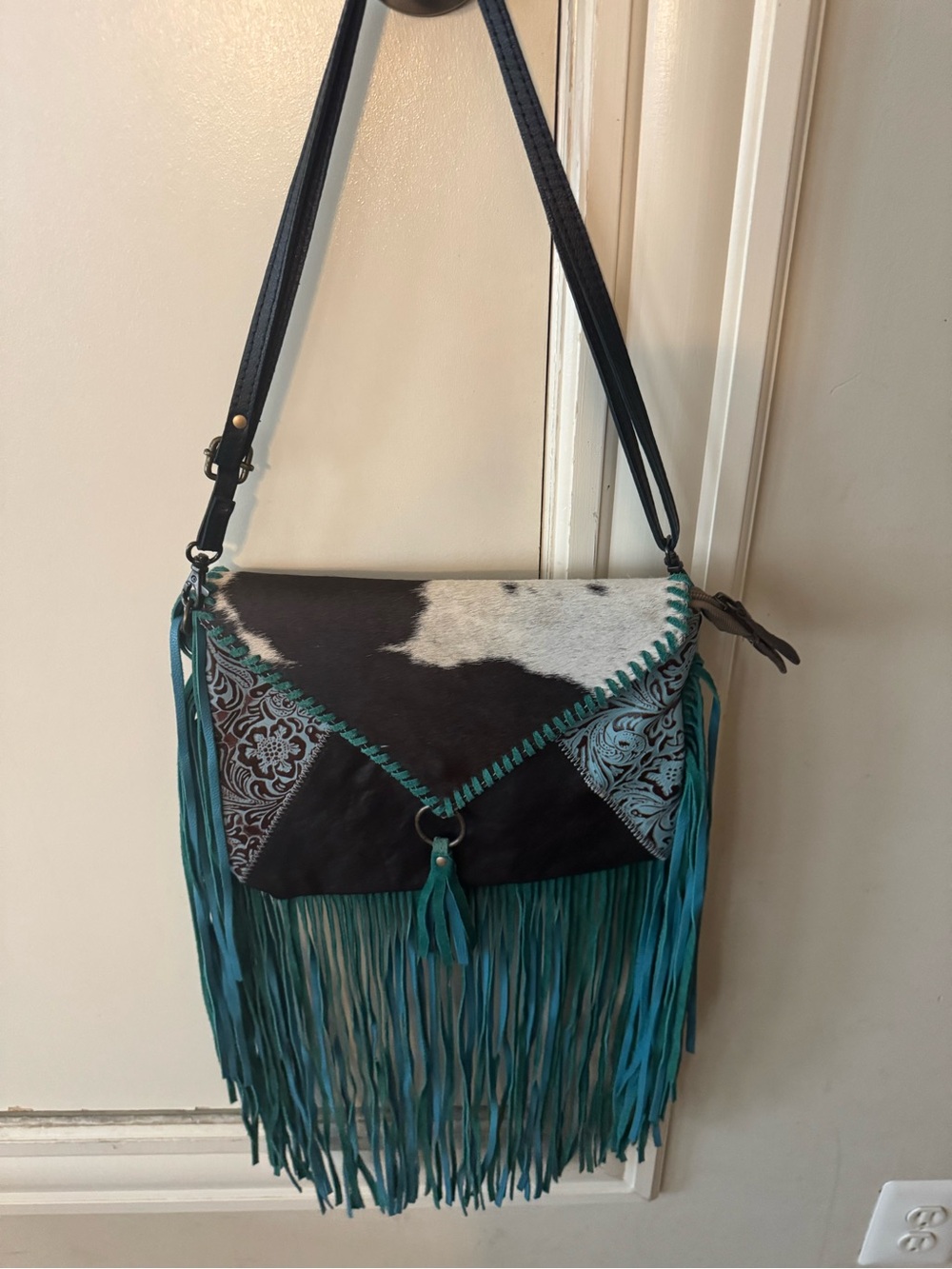 Teal Fringe Cowhide Crossbody Bag with Turquoise Trim